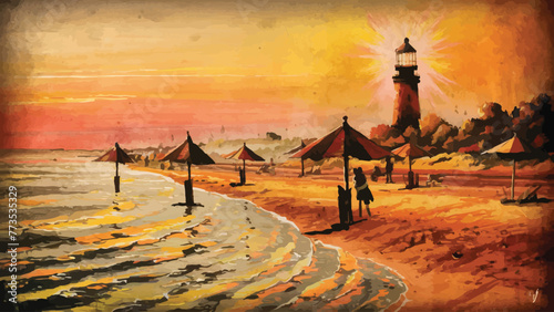 Enchanting Sunset Seashore: A Vintage-Inspired Oceanic Painting photo