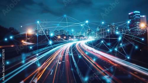 Smart city with glowing neon speed line and abstract polygon pattern connection big data technology