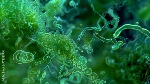 An intricate network of long curly filaments consisting of cyanobacteria cells their thick outer walls glistening in the light hinting