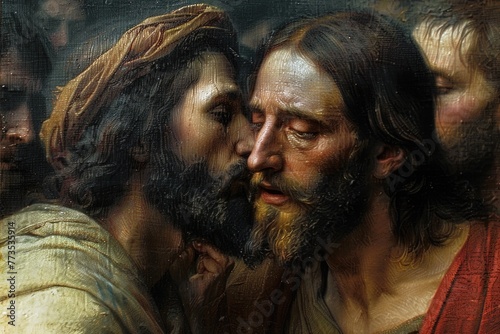 The kiss of judas: dramatic portrayal captures biblical betrayal, tension, and conflict as judas iscariot betrays jesus with a kiss, symbolizing spiritual depth and iconic christian symbolism