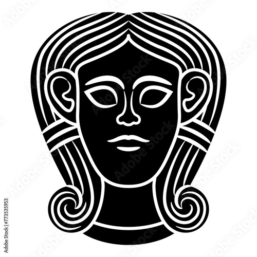 Head of goddess Astarte or Hathor. Ethnic mask. Antique female face. Black and white silhouette.