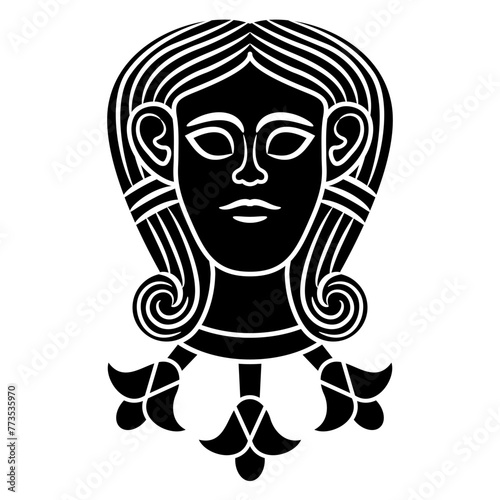 Head of goddess Astarte or Hathor with necklace of flowers. Ethnic mask. Antique female face. Black and white silhouette.
