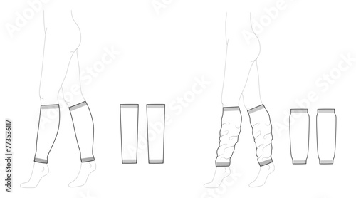Set of Leg Warmer and Loose long Socks footless hosiery knee high length. Fashion accessory clothing technical illustration stocking. Vector front, side view for Men, women unisex style, flat template