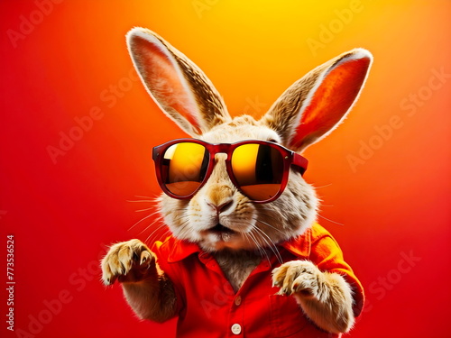 funny rabbit dancing with sunglasses with red yellow background generative AI