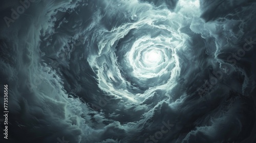 A swirling vortex of dark clouds and wind with a serene and clear circle in the middle representing the eye of the hurricane.
