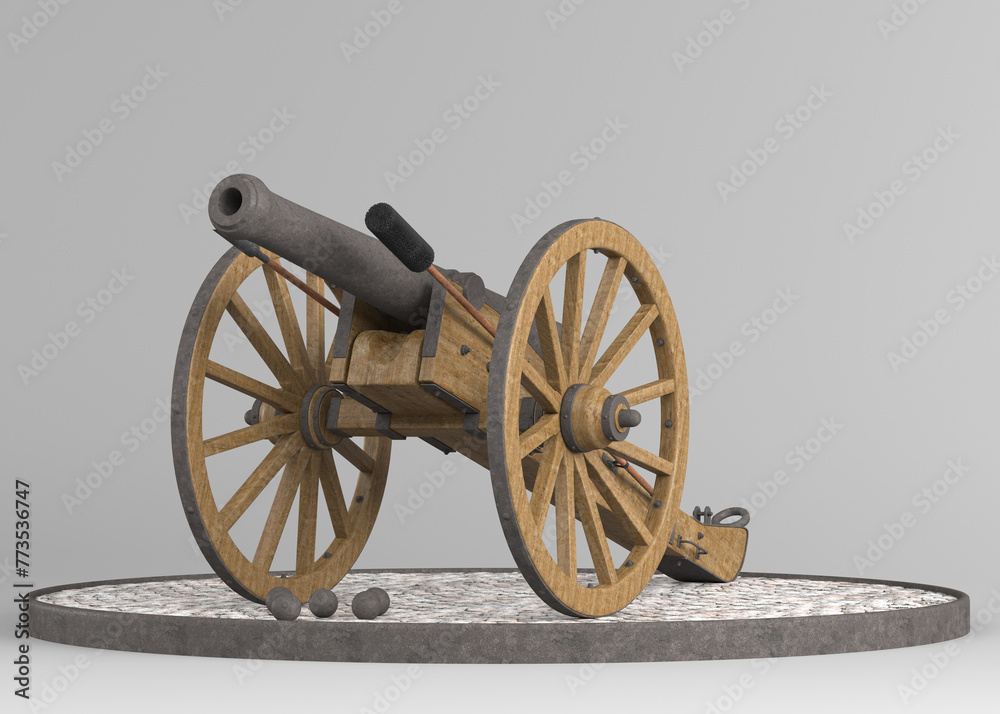 Old artillery cannon on large wooden wheels, 3d render