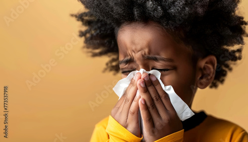 Closeup portrait of a sick little black boy blowing nose into a tissue, providing space for health-related content placement. Flu season, vaccination Generative AI