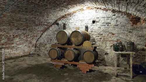 Barrels of wine in the basement of Waldau Castle in the Kaliningrad region photo