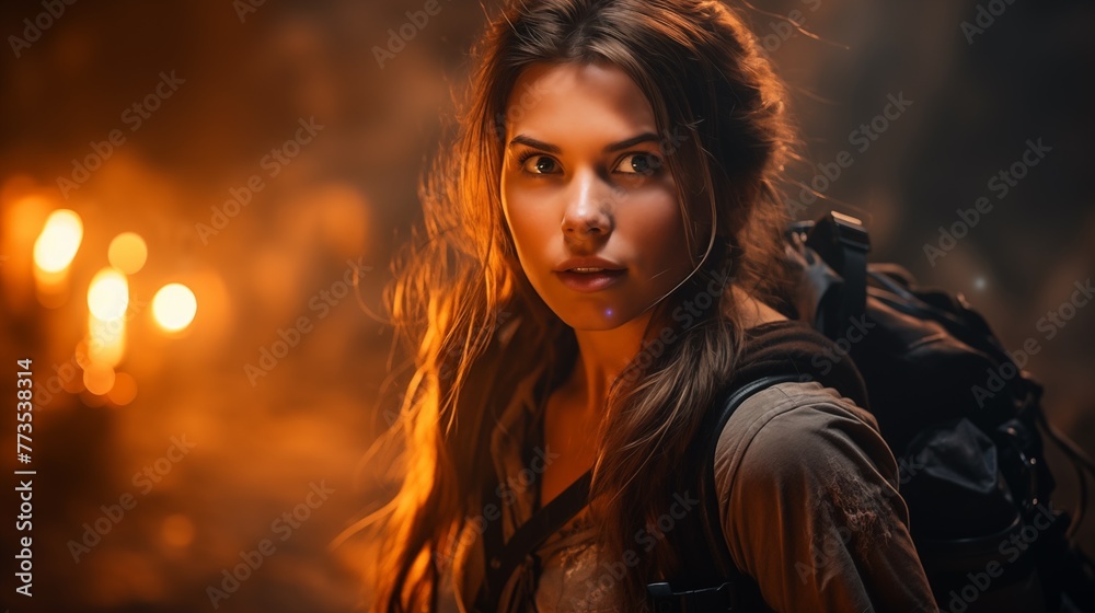 Long hair woman  movie  adventure, blockbuster style, cinematic. Portrait with flame, sparks, with a bonfire in the background. Advertising of the travel clothing brand, hiking equipment