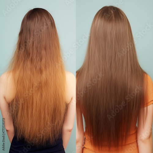 Woman with long hair before and after hair treatment, isolated shoot .  Damaged haircare. Lady problem of losing hairs. Goog for advertising cosmetics, hair loss, alopecia products