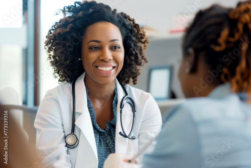 Black woman doctor in meeting or discussion for hospital schedule or collaboration. Leadership, group or nurses talking or speaking of medical healthcare research, report or news update