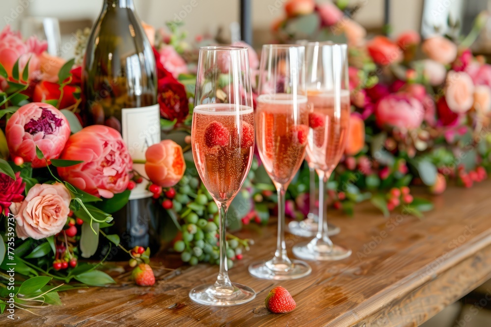 Elegant Celebration Table Setting with Sparkling Rose Wine and Lush Floral Arrangements Elegant Celebration Table Setting with Sparkling Rose Wine and Lush Floral Arrangements