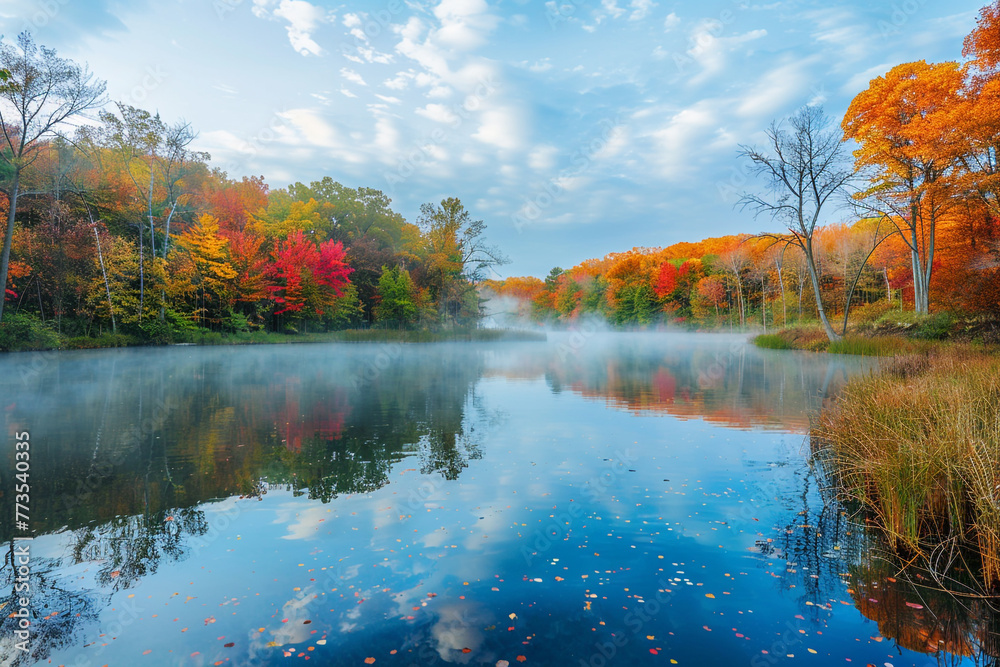 A tranquil autumn morning with fog lifting from a serene lake surrounded by colorful trees.