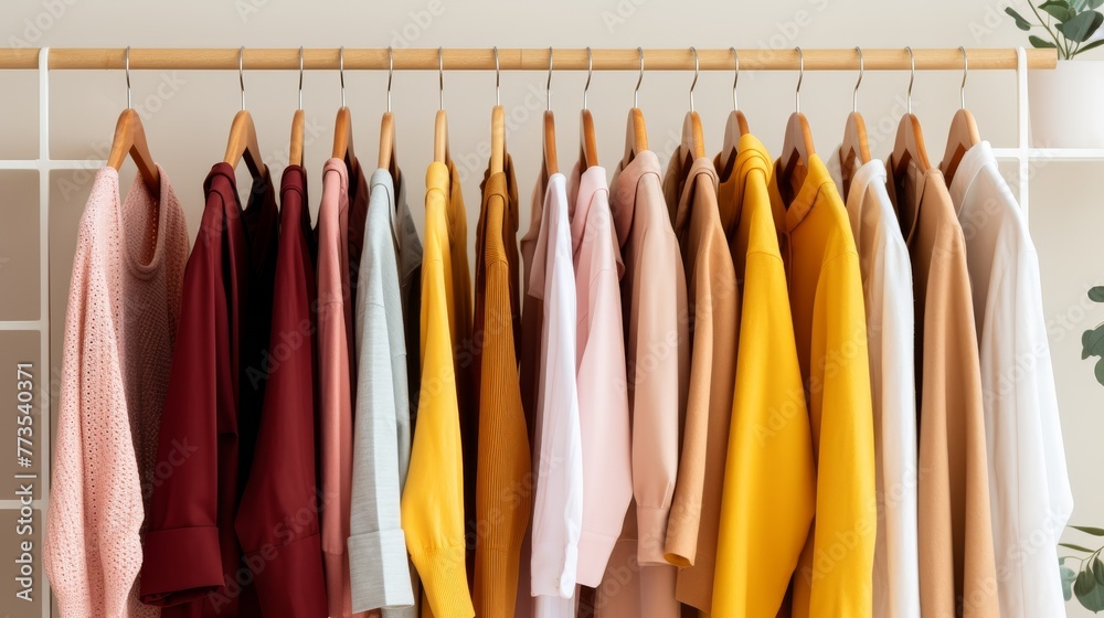 Stylish clothes are hanging in closet on clothing rack hangers Stylish clothes are hanging in closet on clothing rack hangers