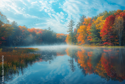 A tranquil autumn morning with fog lifting from a serene lake surrounded by colorful trees.