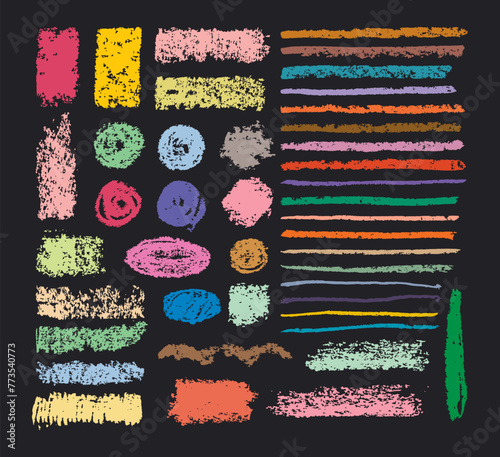 Children's crayon strokes. Colorful chalk textures, bright chalk pencil strokes, pastel colors rough charcoal brush flat vector illustration set. Child's drawing chalk crayons elements © GreenSkyStudio