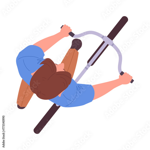 Men top view. Male character walking with bike, young guy view from above flat vector illustration. Man with his bike walking top view