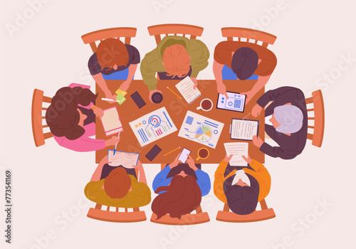 People working at table. Characters working top view, man and woman sitting around wooden desk view from above flat vector illustration. Teamwork or brainstorming process scene