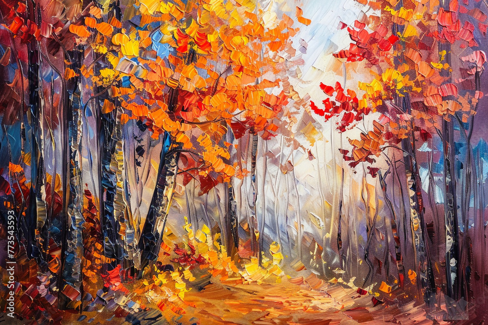 Abstract oil painting of an autumn forest with warm, vibrant colors.