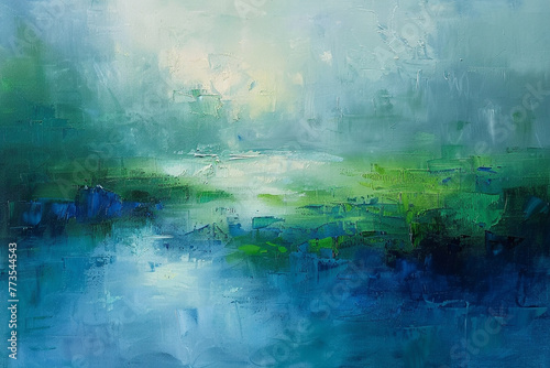 Acrylic painting in the impressionist style in shades of blue and green.