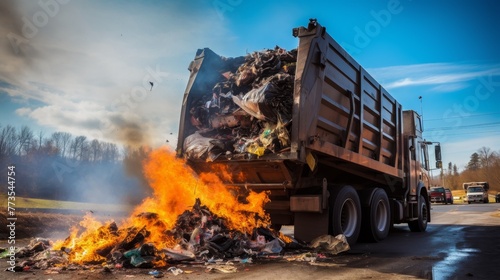 Truck dumps garbage into large pile that is collected for recycling photo