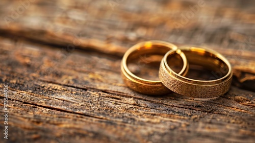 Shiny golden wedding rings resting on a rustic wooden table