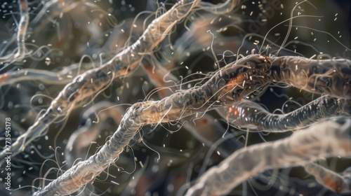 A closeup view of a group of soil nematodes intertwined and crawling through a network of soil fibers. The image captures the delicate photo