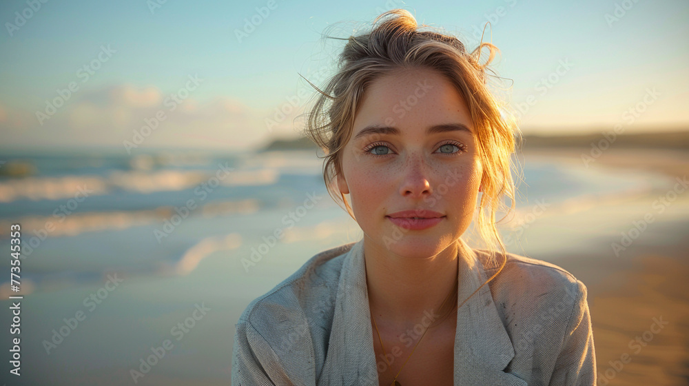  A businesswoman is relaxing on a seat on the seaside while the waves gently lap against the sand in her background. She looks straight at the camera as she takes in the tranquil scenery.