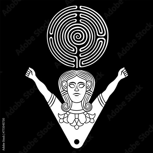 Goddess Astarte with raised hands holding a round spiral maze or labyrinth symbol. Ancient Near Eastern female deity. Feminist design. Black and white silhouette.