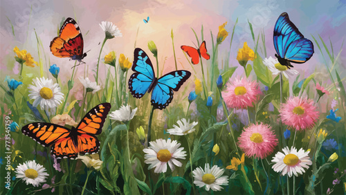 Sublime Blossoms Oil Portrayal of Wildflowers and White Butterflies