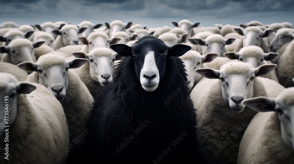 One black sheep surrounded by white sheep. Concept of uniqueness and individuality. High contrast portrait with symbolic meaning. Design for social message, poster. One black sheep surrounded by white sheep. Concept of uniqueness and individuality. High contrast portrait with symbolic meaning. Design for social message, poster.