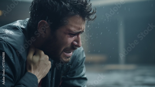 Desperate man with hand on head in the rain, experiencing profound sadness. Cinematic emotional breakdown scene. Design for psychological drama, movie scene.