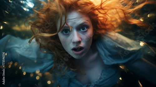 Anxious Shocked woman with flowing hair and dynamic blue light trails on a dark background. High-energy, expressive portrait.