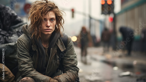 Desolate young woman sitting on a rainy street. Urban struggle and homelessness concept for social issues, despair, and poverty awareness.