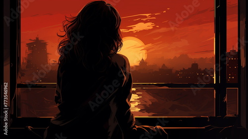 A person silhouetted against a window frames a vivid urban sunset, conveying a narrative of solitude in the city.