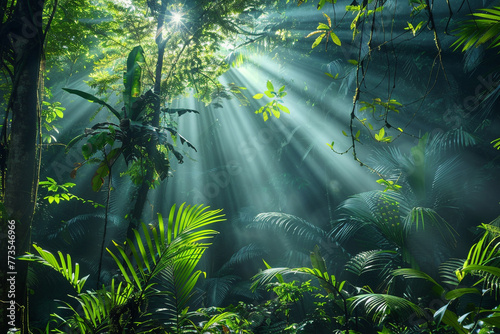 Asian rain forest with sun rays.