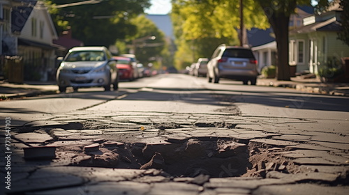 A blurred view of a residential street with foreground focus on a damaged and neglected asphalt road.