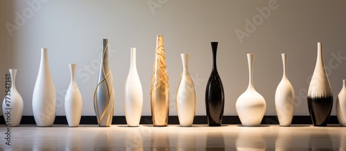 Numerous assorted vases of different shapes and sizes arranged neatly in a row on the floor