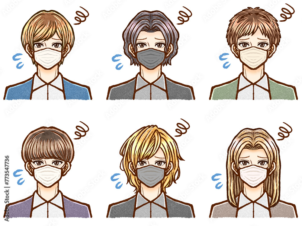 様々な髪型のマスク姿の大人男性のイラスト素材セット2