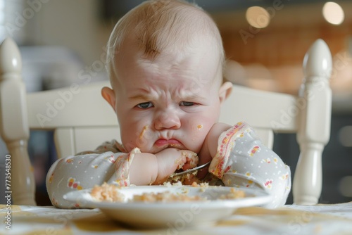 a cute baby refuse to eat in disgust photo