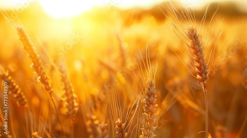 Golden Wheat Field at Sunset with Glowing Sunlight and Agriculture Beauty