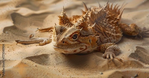 Horned Lizard, blending into the sand, spikes detailed, eyes keen.  photo