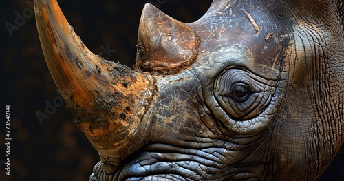Black Rhino, powerful and prehistoric, horn prominent, textured skin detailed. 
