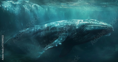 Blue Whale, immense and graceful, hint of the giant body, underwater perspective. © Thanthara