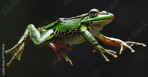 Frog in mid-jump, legs extended, vibrant green skin glistening.