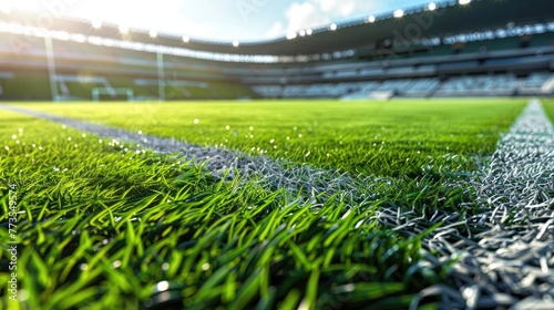Empty soccer field with fresh green grass in a stadium