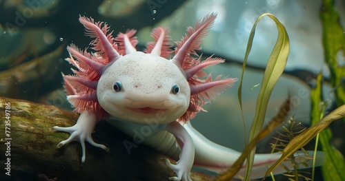 Axolotl smiling, gills fluttering, embodying aquatic grace. 