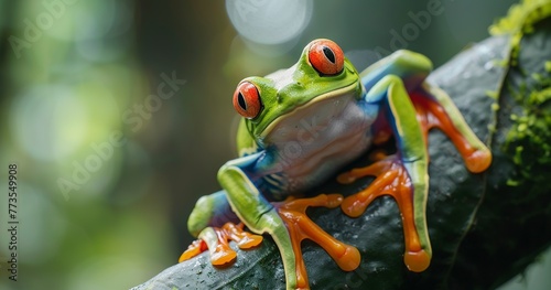 Red-eyed tree frog, eyes wide, limbs splayed, iconic and vivid. 