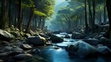 river with rocks in the forest background