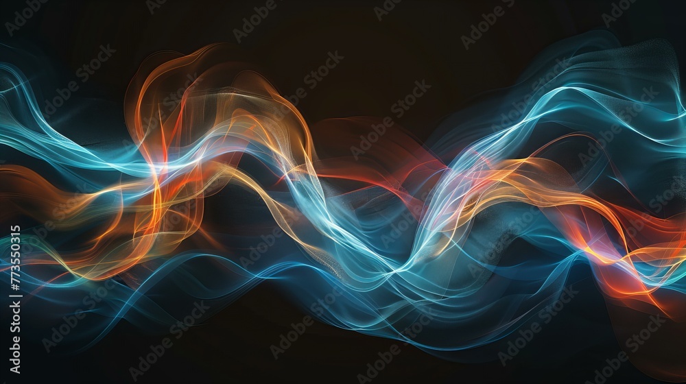 Vibrant minimalistic waves in orange, blue, and teal on black background, creating a colorful and dynamic composition